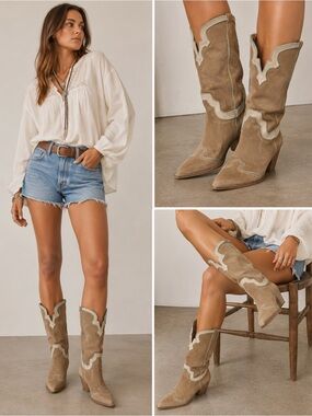 Nando Muzi Vero Cuoio Tan Beige Suede Western Knee Boots with turquoise US7/37.5